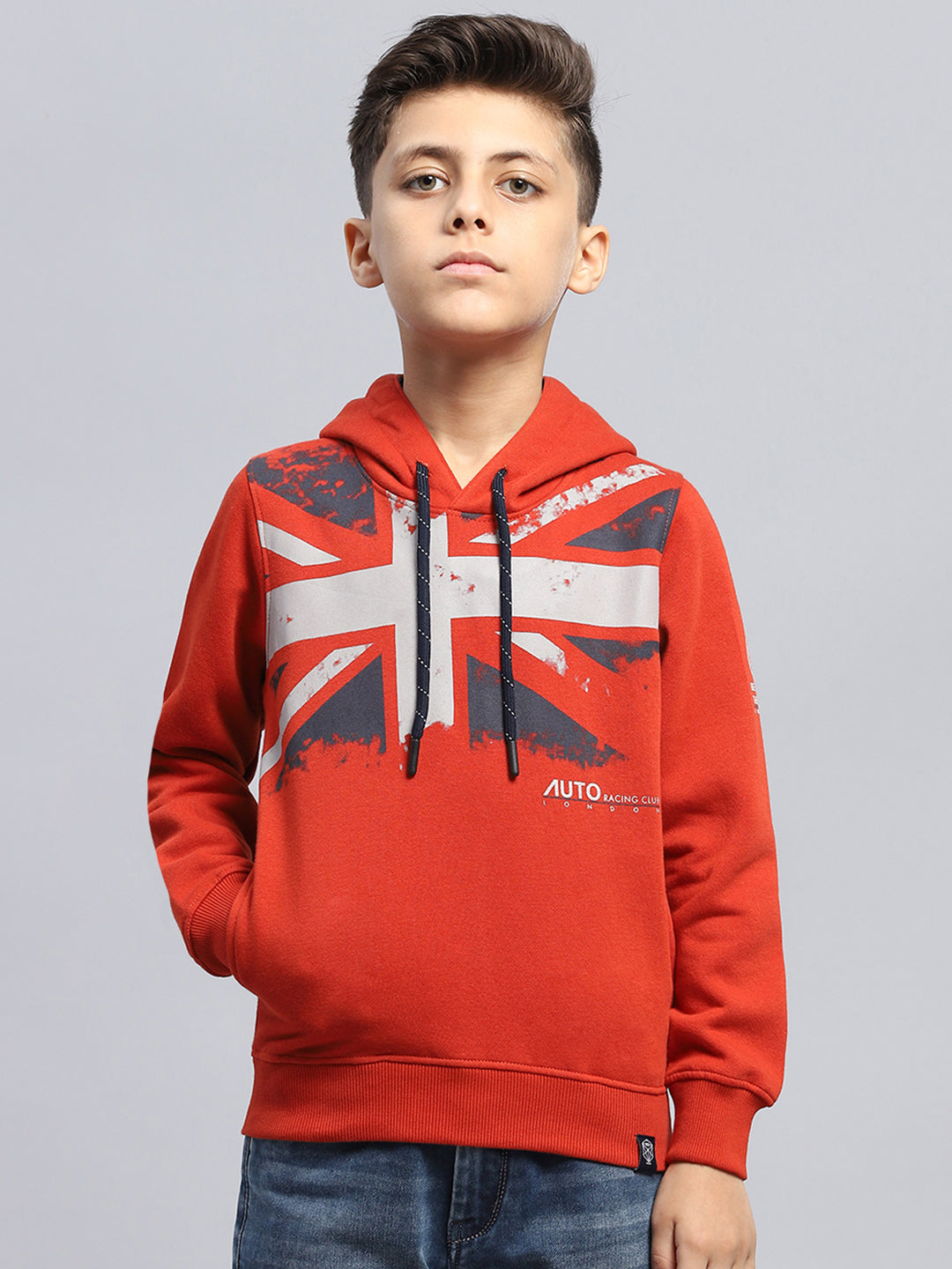 Boys Red Printed Hooded Full Sleeve Sweatshirt