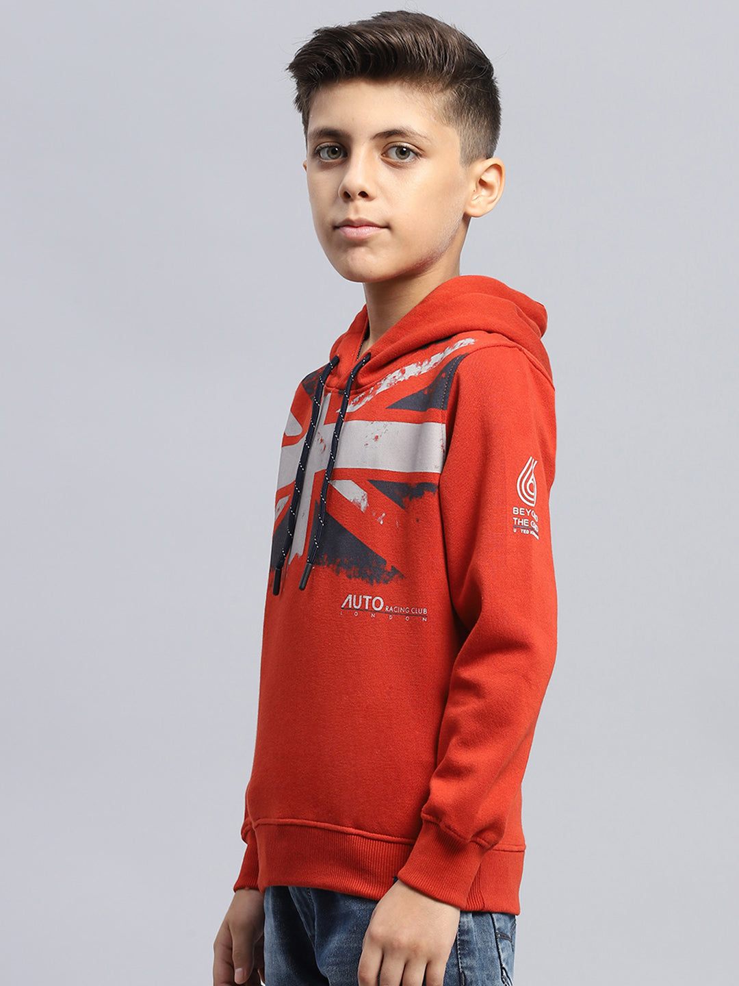 Boys Red Printed Hooded Full Sleeve Sweatshirt