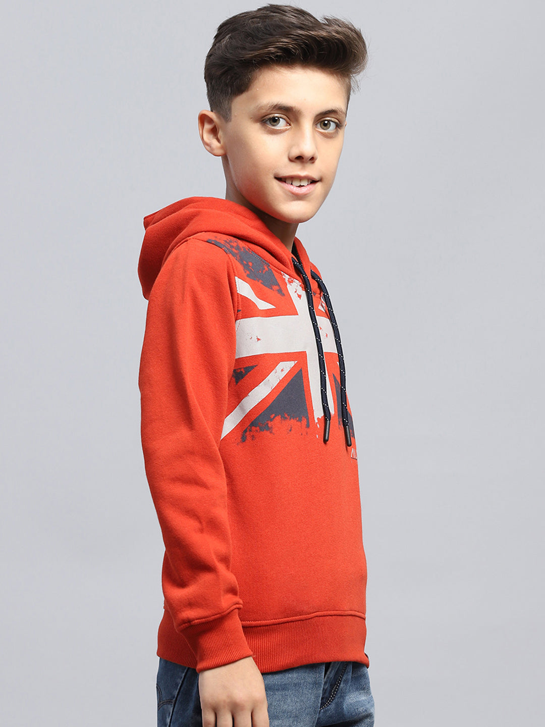 Boys Red Printed Hooded Full Sleeve Sweatshirt