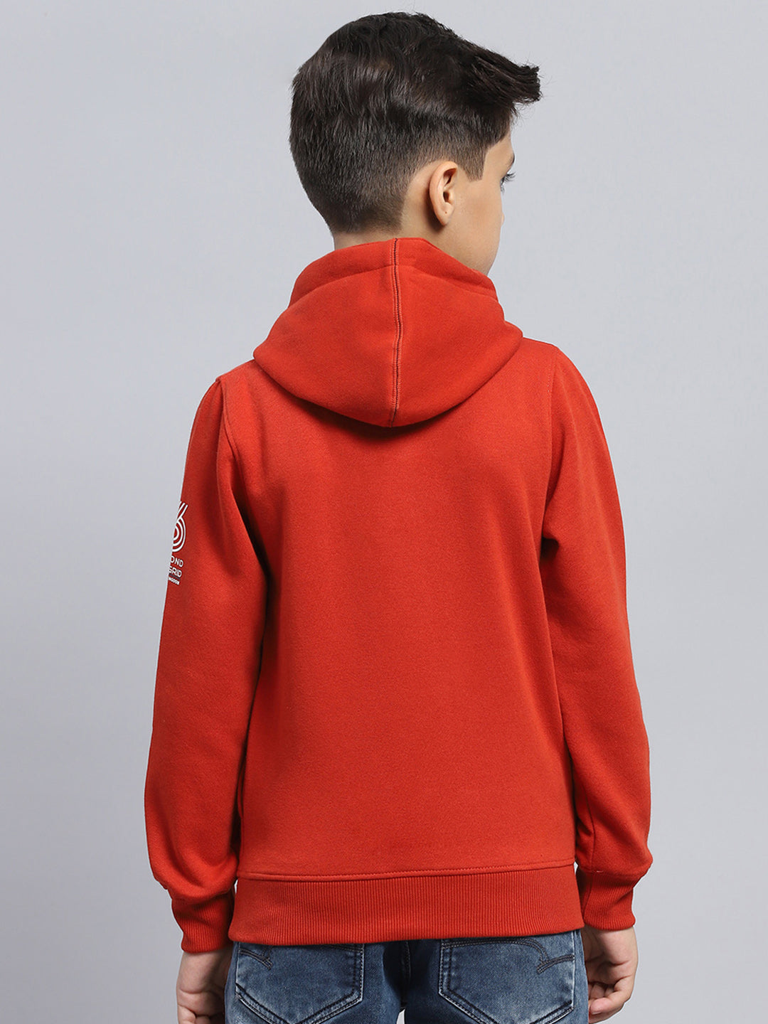 Boys Red Printed Hooded Full Sleeve Sweatshirt