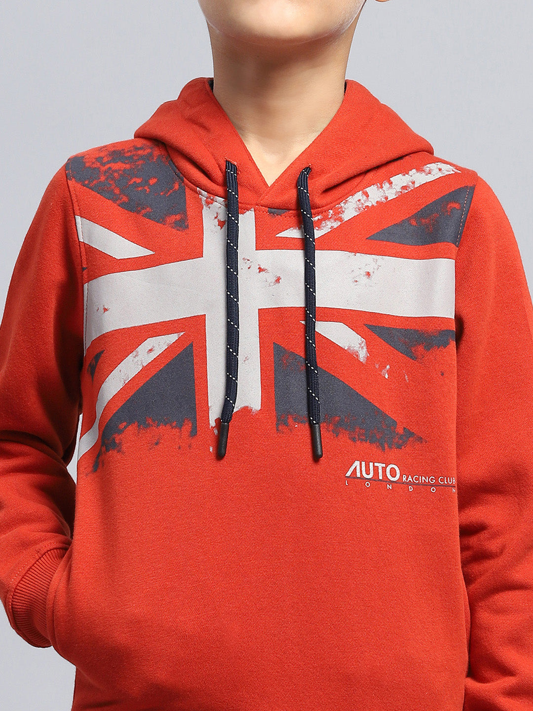 Boys Red Printed Hooded Full Sleeve Sweatshirt