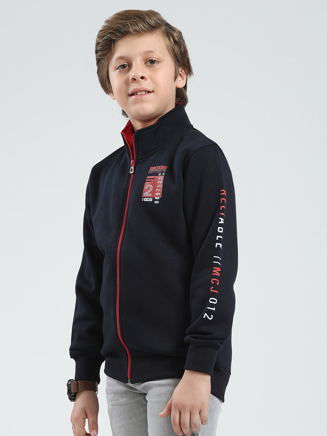 Boys Navy Blue Printed Mock Neck Full Sleeve Sweatshirt