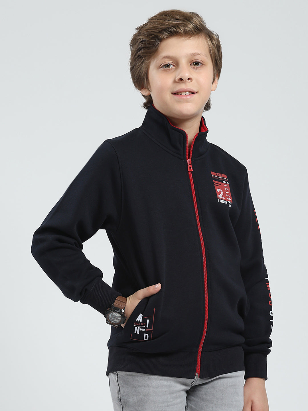 Boys Navy Blue Printed Mock Neck Full Sleeve Sweatshirt