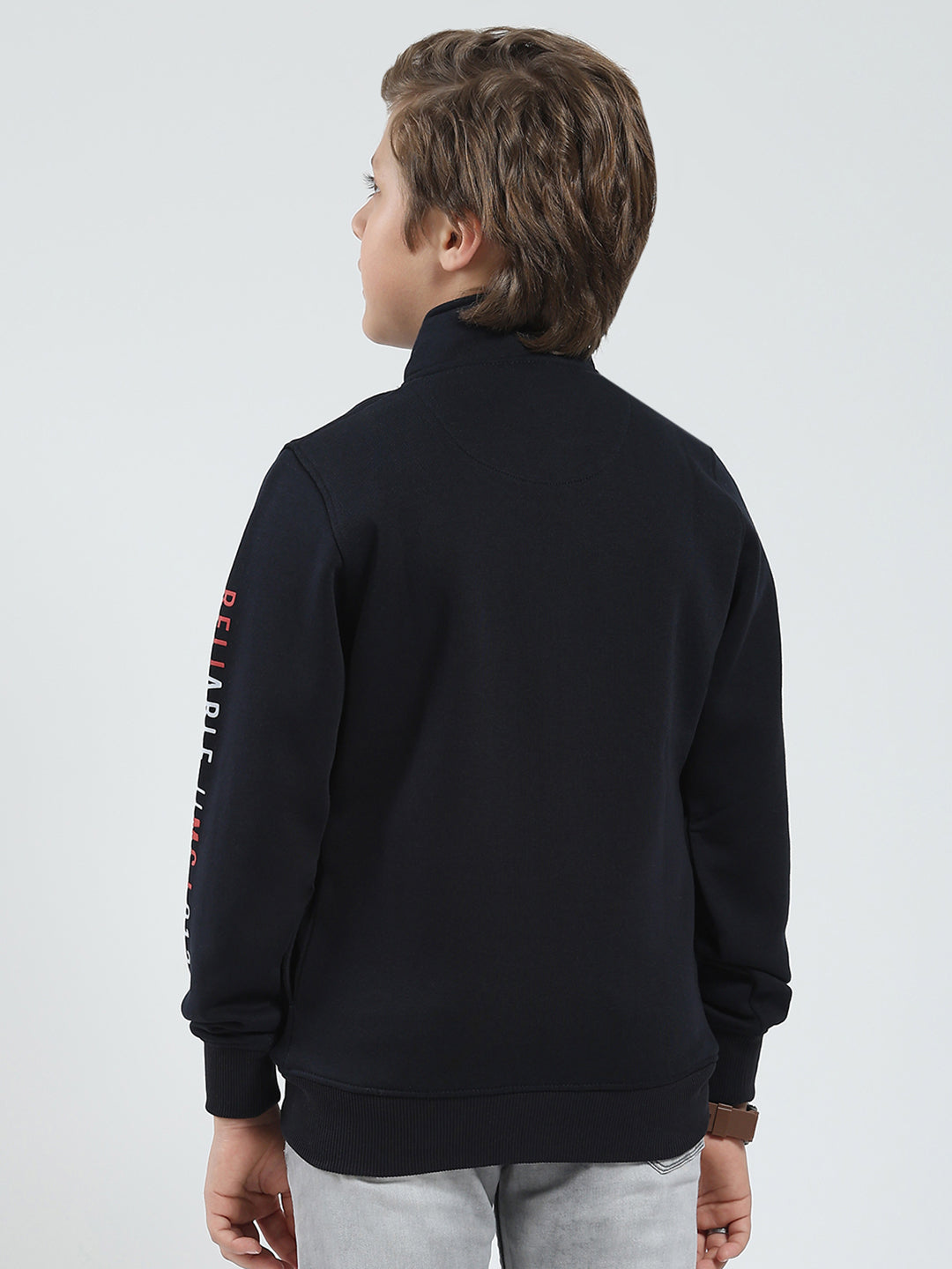Boys Navy Blue Printed Mock Neck Full Sleeve Sweatshirt