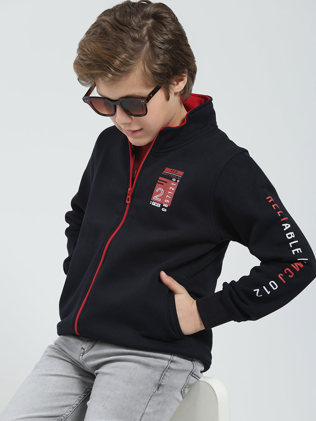 Boys Navy Blue Printed Mock Neck Full Sleeve Sweatshirt