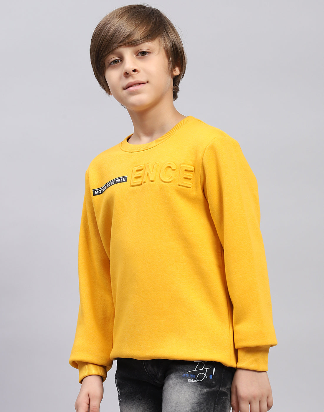 Boys Mustard Solid Round Neck Full Sleeve Sweatshirt