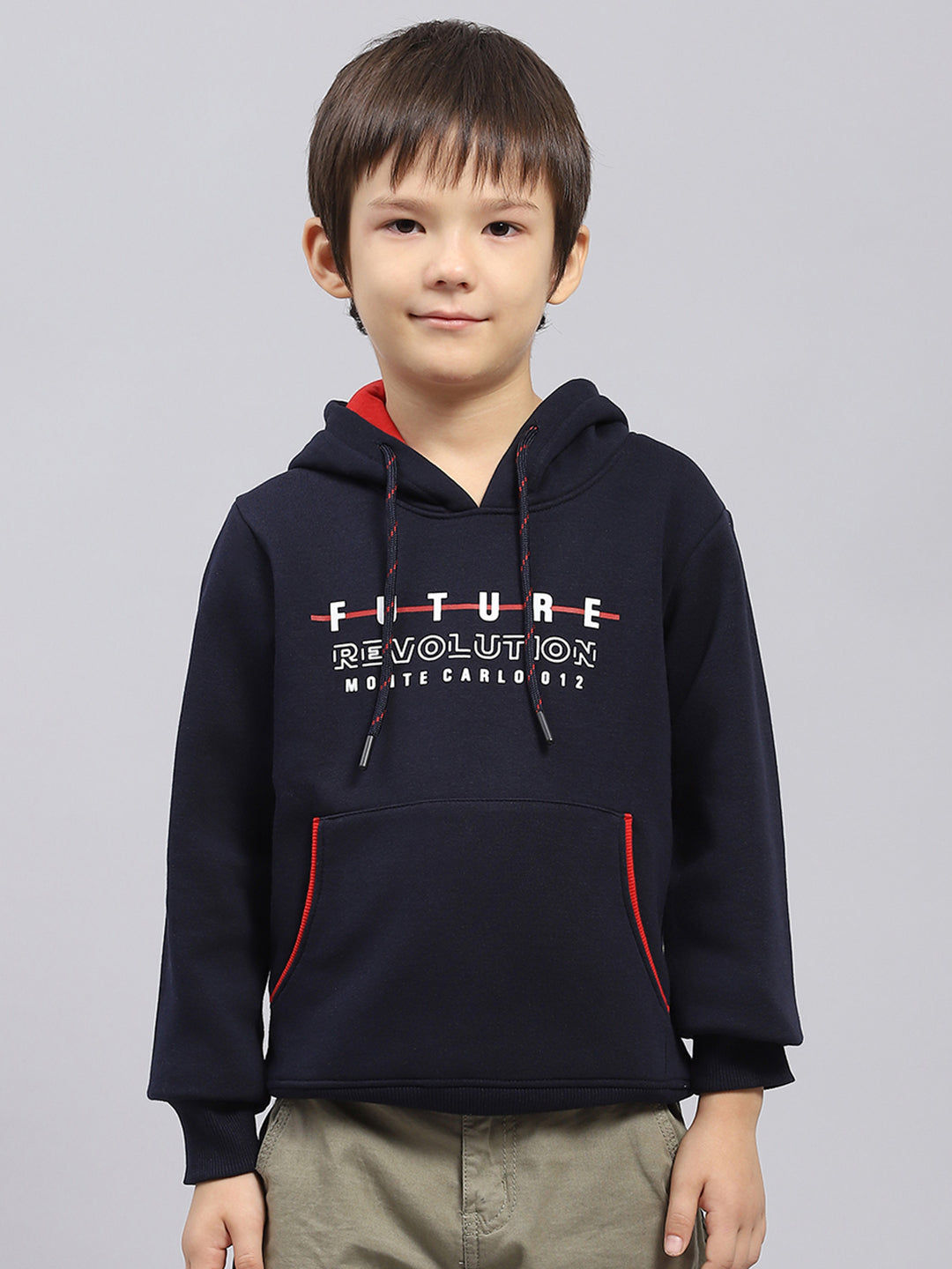 Boys Navy Blue Printed Hooded Full Sleeve Sweatshirt