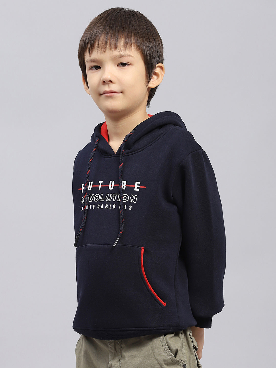 Boys Navy Blue Printed Hooded Full Sleeve Sweatshirt