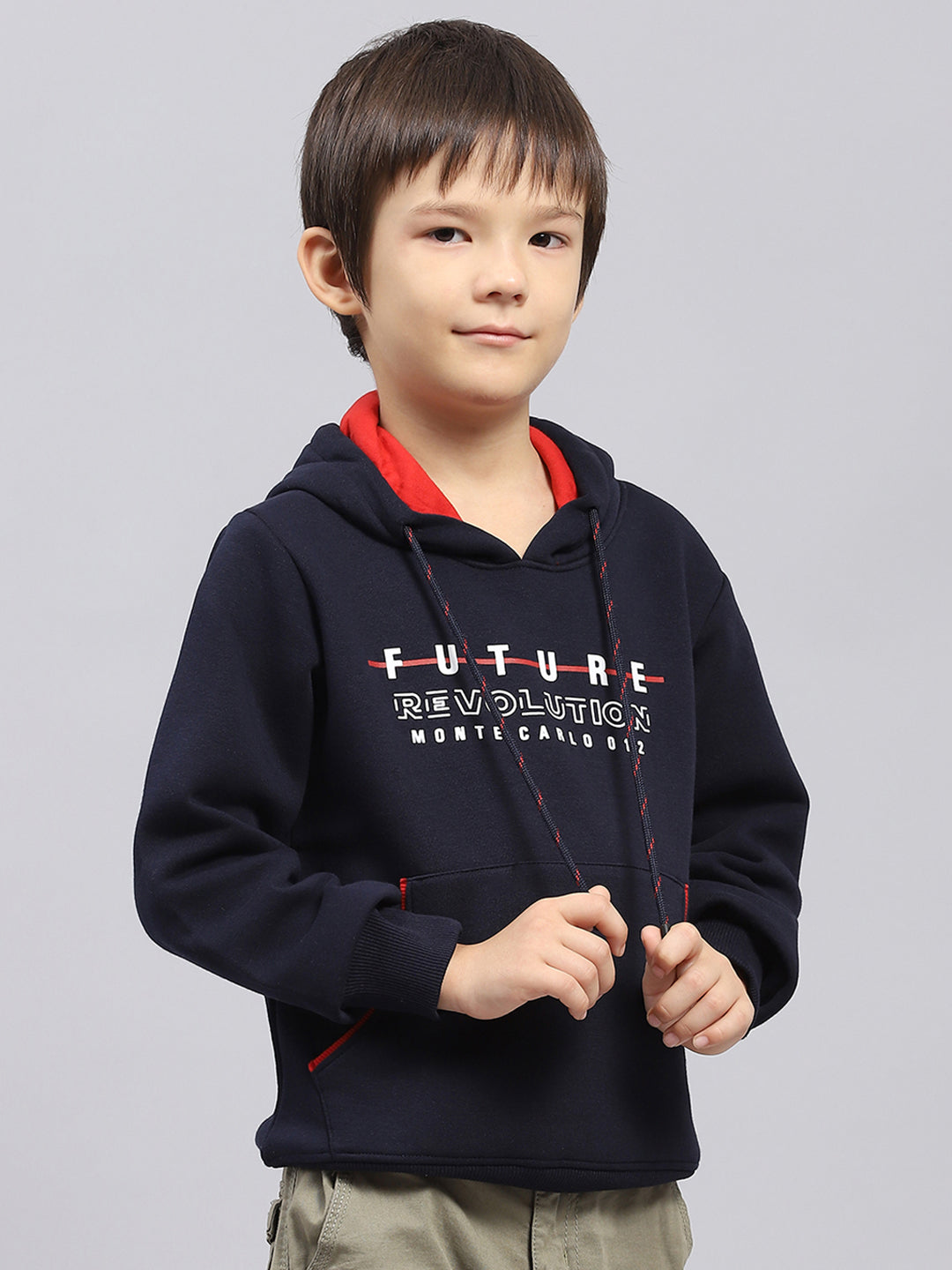 Boys Navy Blue Printed Hooded Full Sleeve Sweatshirt