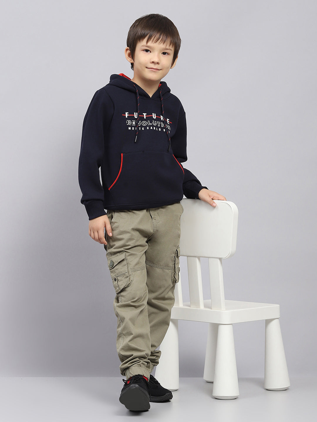 Boys Navy Blue Printed Hooded Full Sleeve Sweatshirt