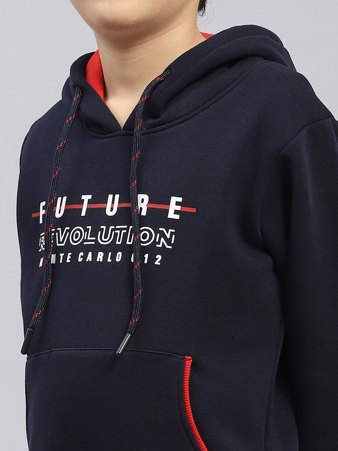 Boys Navy Blue Printed Hooded Full Sleeve Sweatshirt