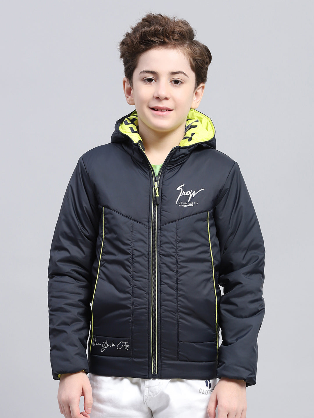Boys Navy Blue Printed Hooded Full Sleeve Jacket