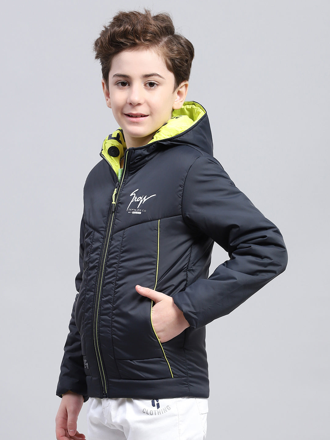 Boys Navy Blue Printed Hooded Full Sleeve Jacket