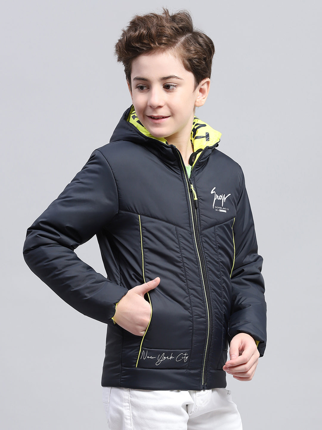 Boys Navy Blue Printed Hooded Full Sleeve Jacket
