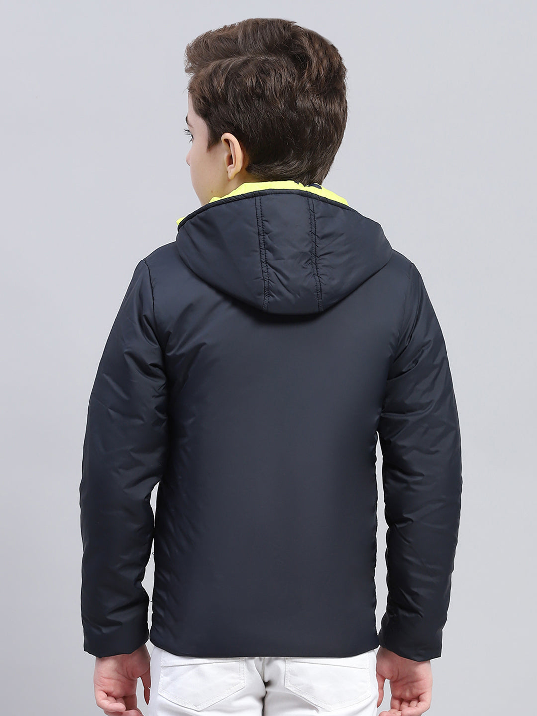 Boys Navy Blue Printed Hooded Full Sleeve Jacket