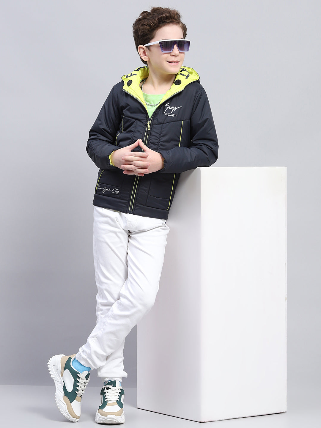 Boys Navy Blue Printed Hooded Full Sleeve Jacket