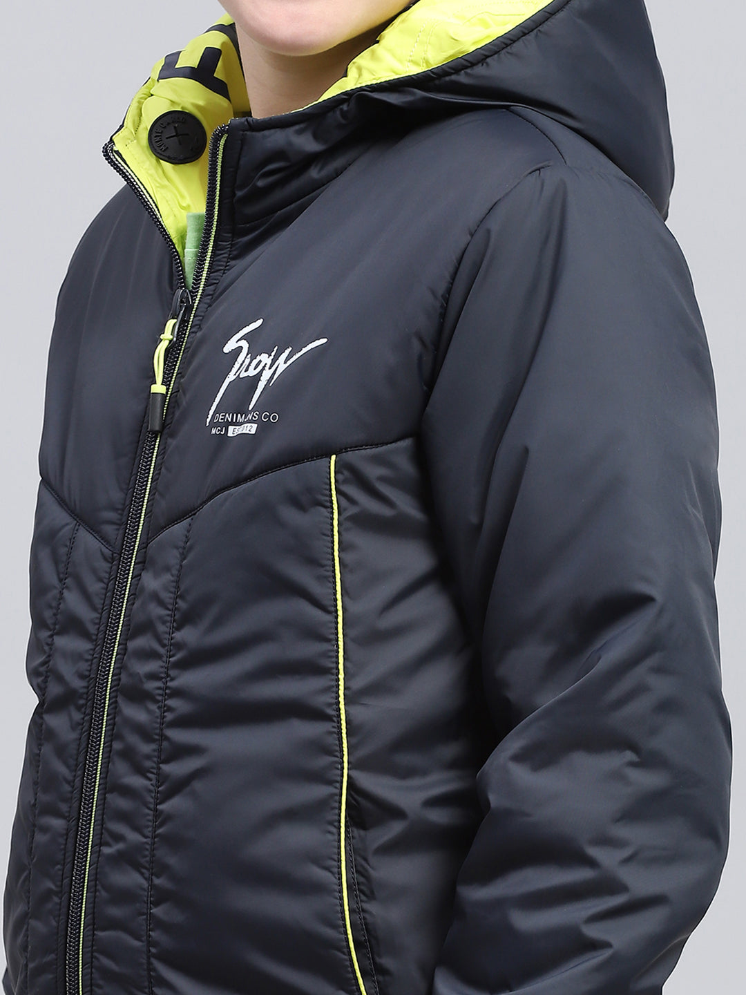 Boys Navy Blue Printed Hooded Full Sleeve Jacket