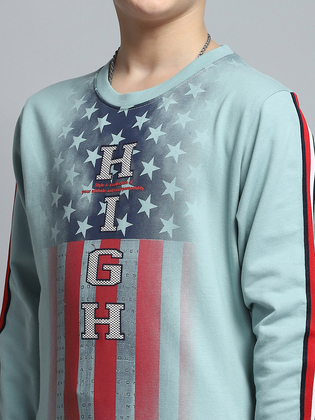 Boys Green Printed Round Neck Full Sleeve Sweatshirt
