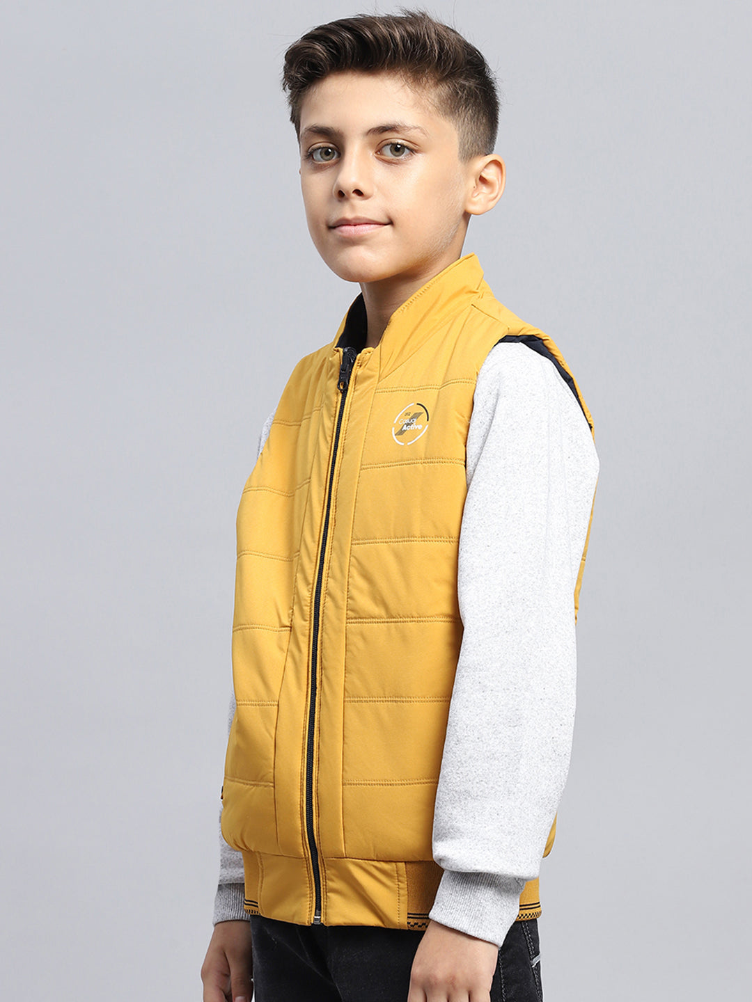 Boys Navy Blue & Mustard Solid Mock Neck Sleeveless Reversible Jacket