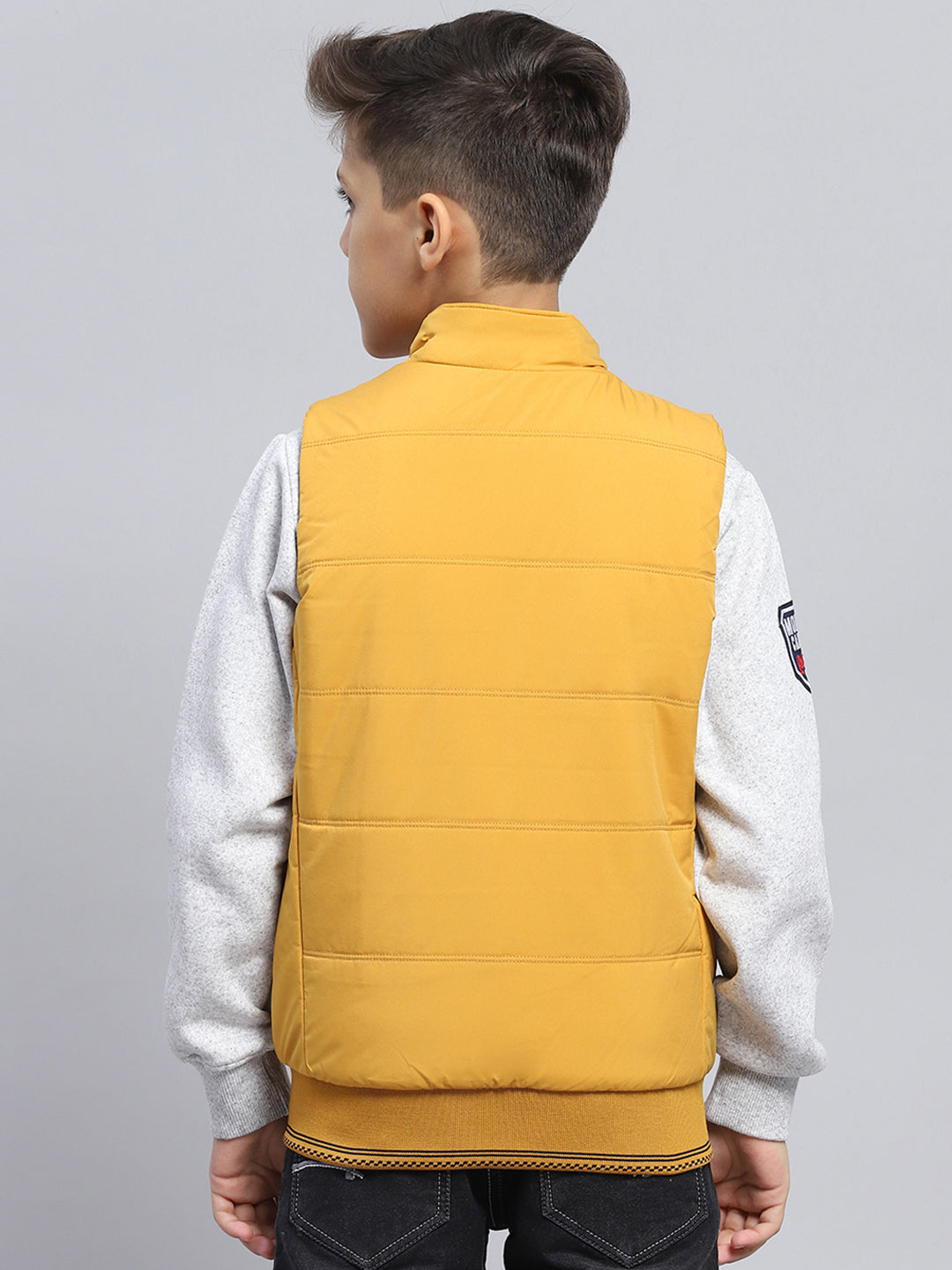 Boys Navy Blue & Mustard Solid Mock Neck Sleeveless Reversible Jacket