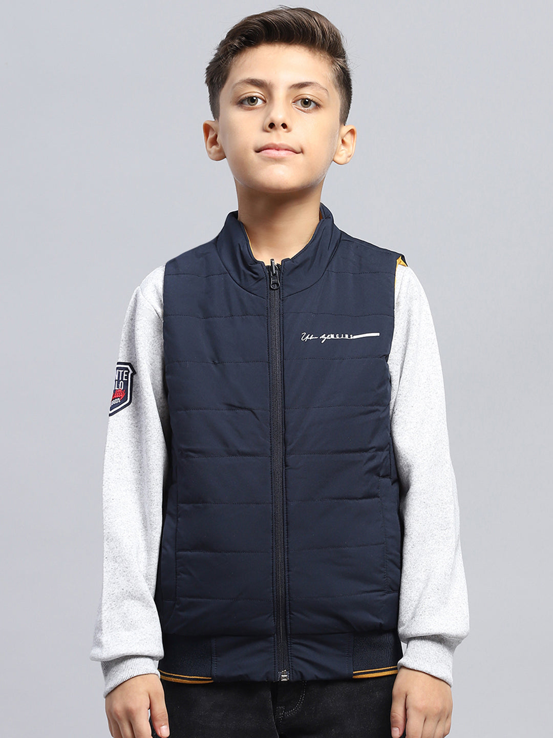 Boys Navy Blue & Mustard Solid Mock Neck Sleeveless Reversible Jacket