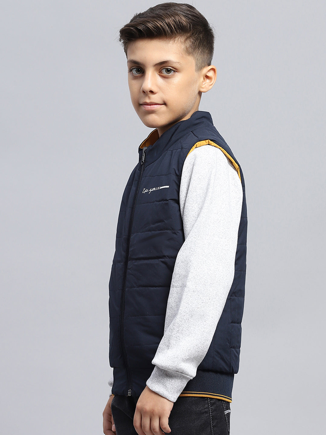 Boys Navy Blue & Mustard Solid Mock Neck Sleeveless Reversible Jacket