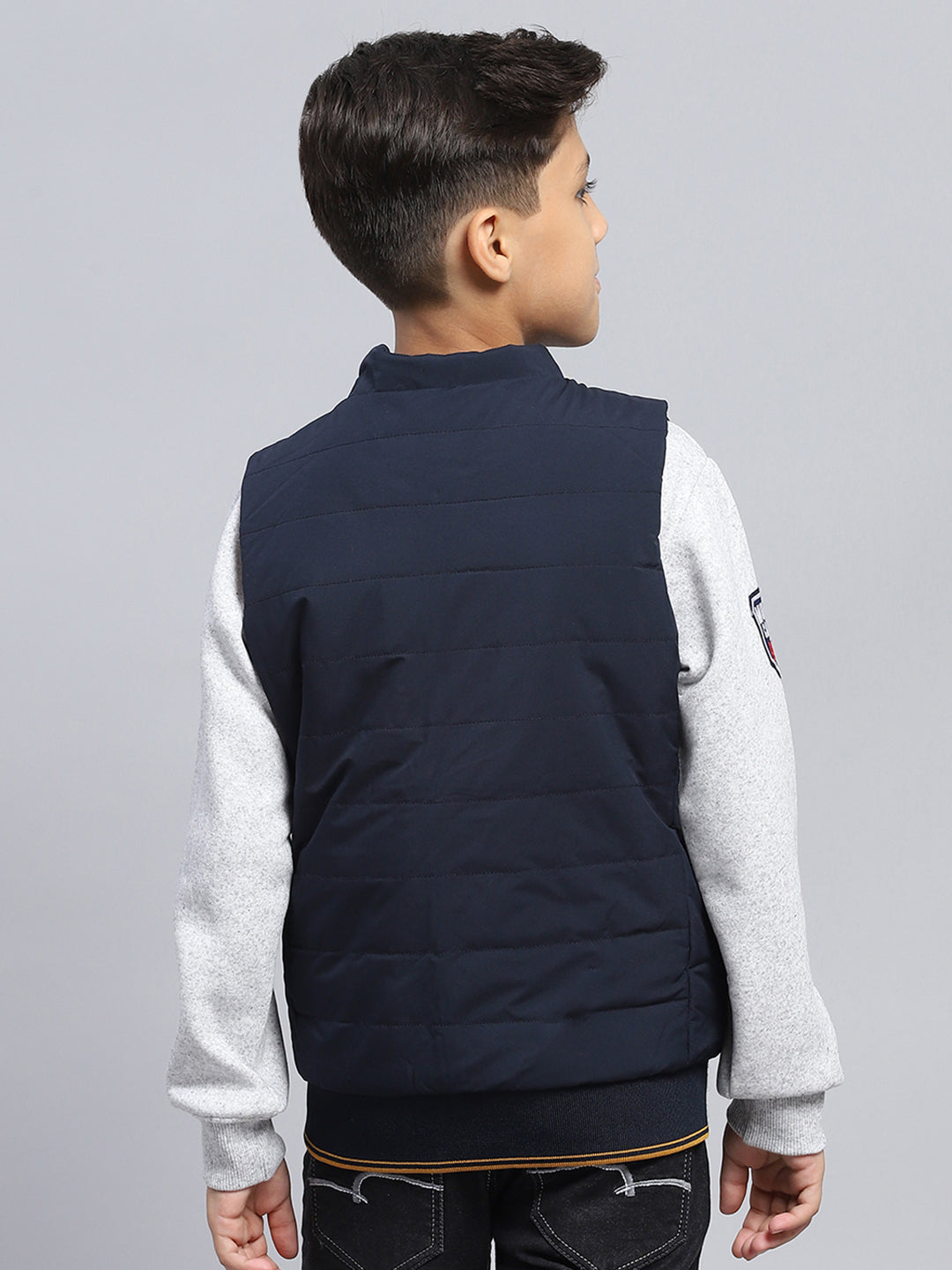 Boys Navy Blue & Mustard Solid Mock Neck Sleeveless Reversible Jacket