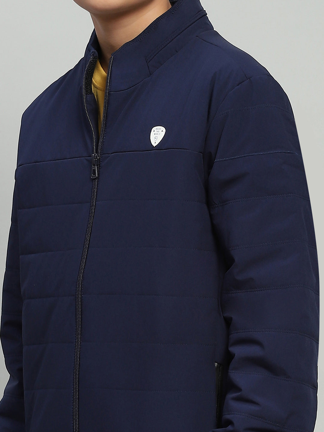 Boys Navy Blue Solid Mock Neck Full Sleeve Jacket