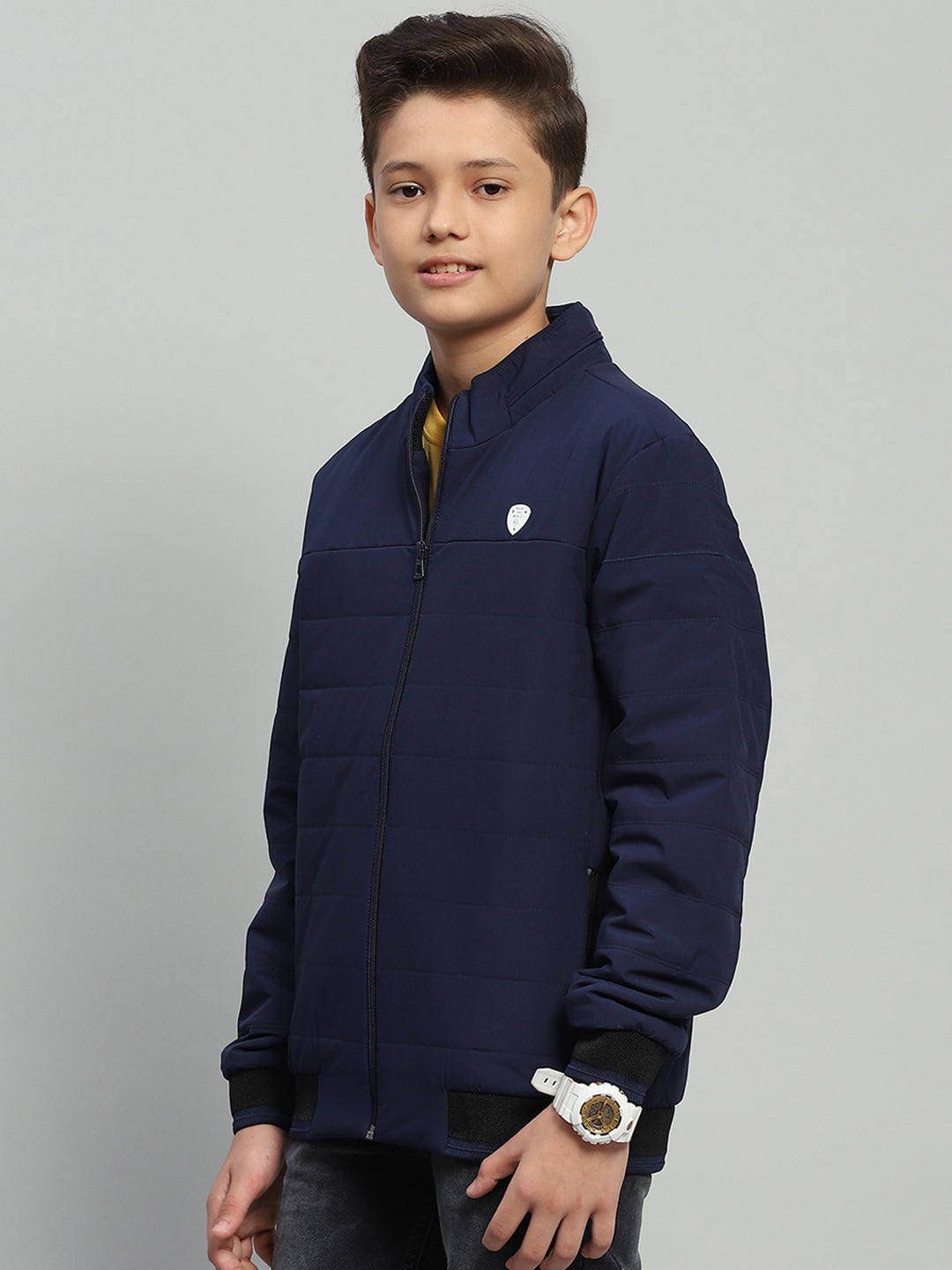 Boys Navy Blue Solid Mock Neck Full Sleeve Jacket