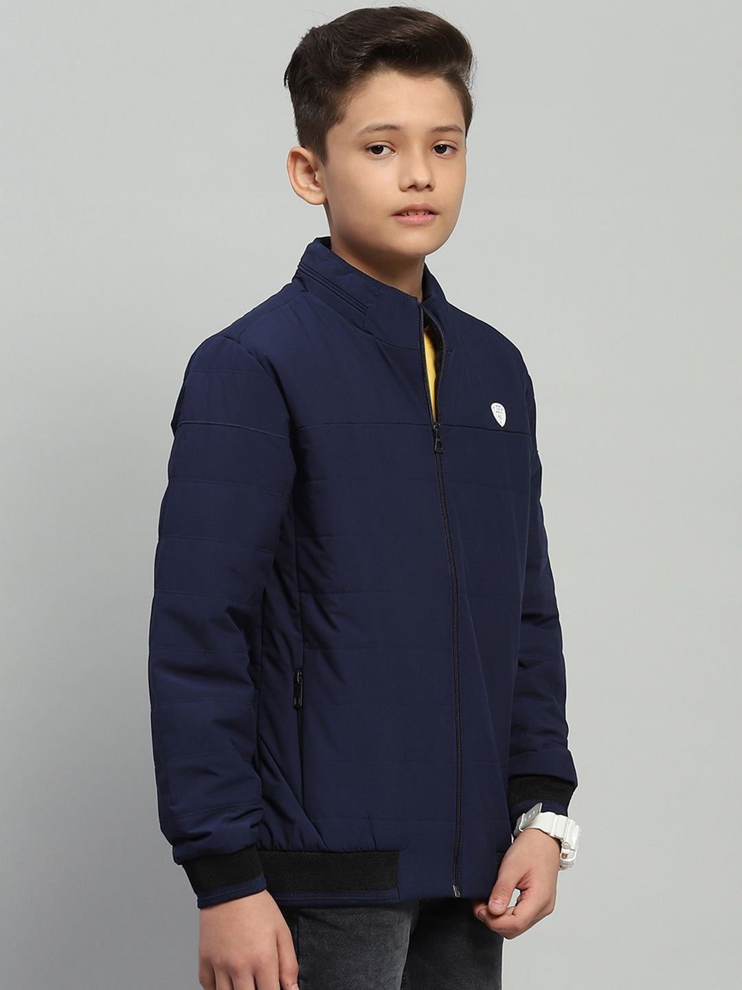 Boys Navy Blue Solid Mock Neck Full Sleeve Jacket