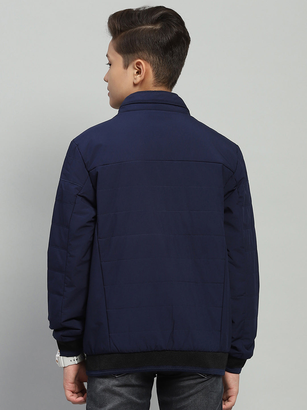 Boys Navy Blue Solid Mock Neck Full Sleeve Jacket