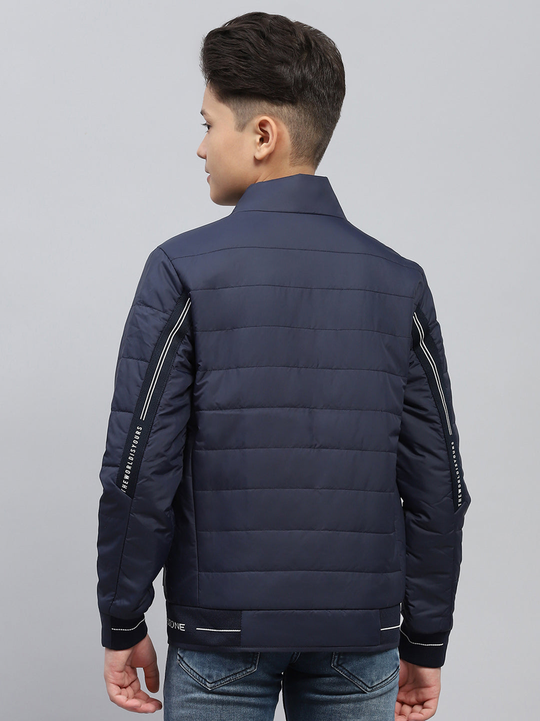 Boys Navy Blue Printed Mock Neck Full Sleeve Jacket