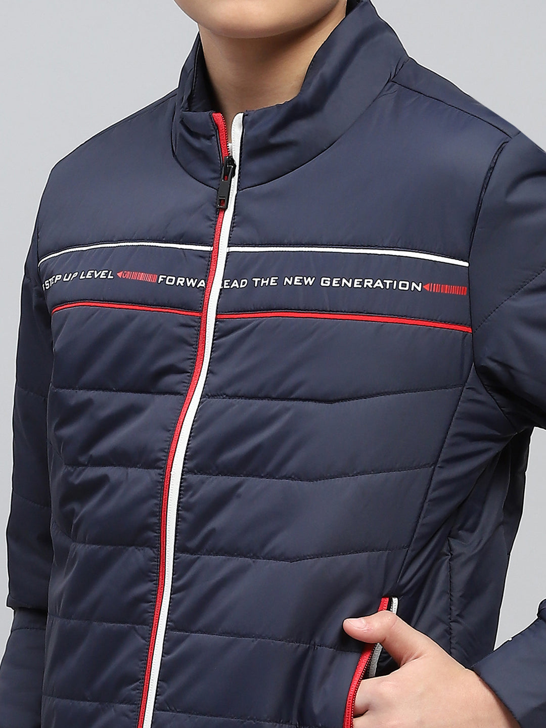 Boys Navy Blue Printed Mock Neck Full Sleeve Jacket