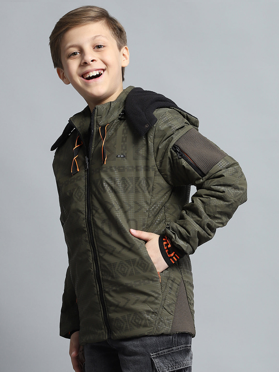 Boys Olive Printed Detachable Hood Full Sleeve Jacket