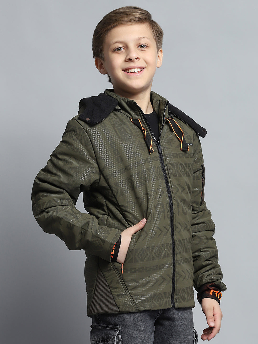 Boys Olive Printed Detachable Hood Full Sleeve Jacket