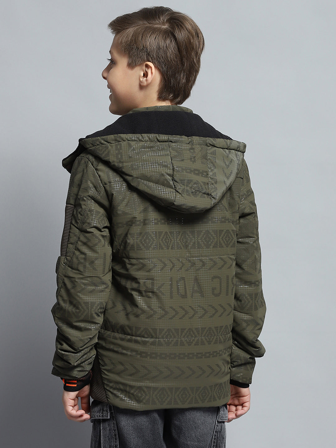Boys Olive Printed Detachable Hood Full Sleeve Jacket