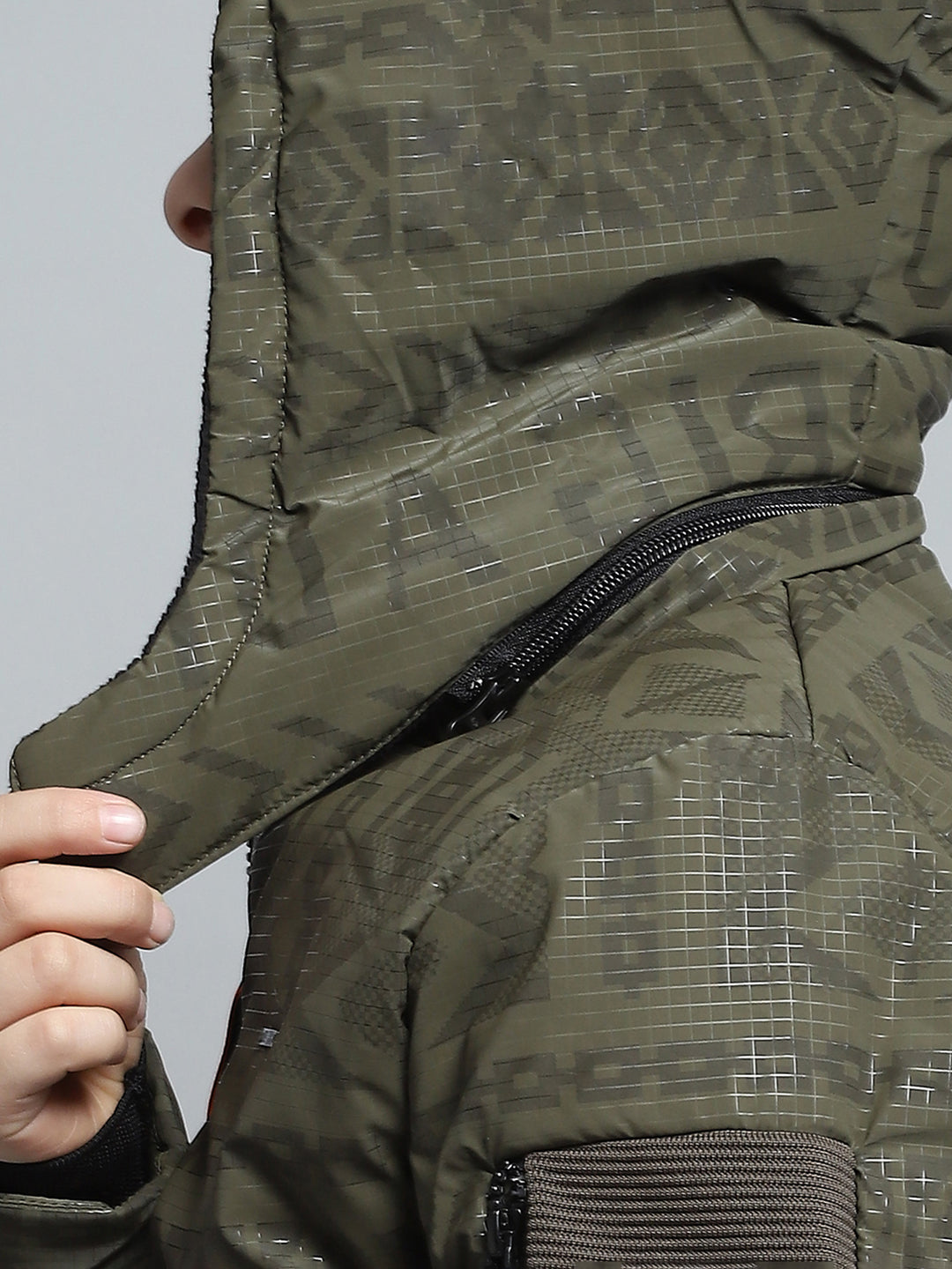 Boys Olive Printed Detachable Hood Full Sleeve Jacket