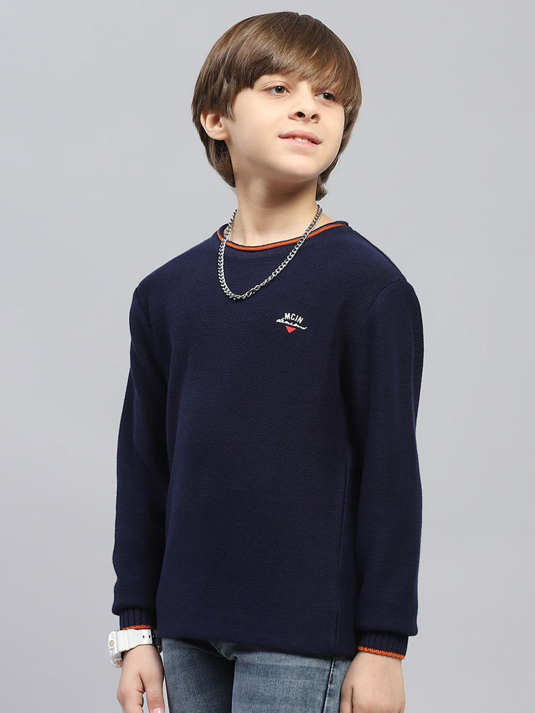 Boys Navy Blue Solid Round Neck Full Sleeve Pullover