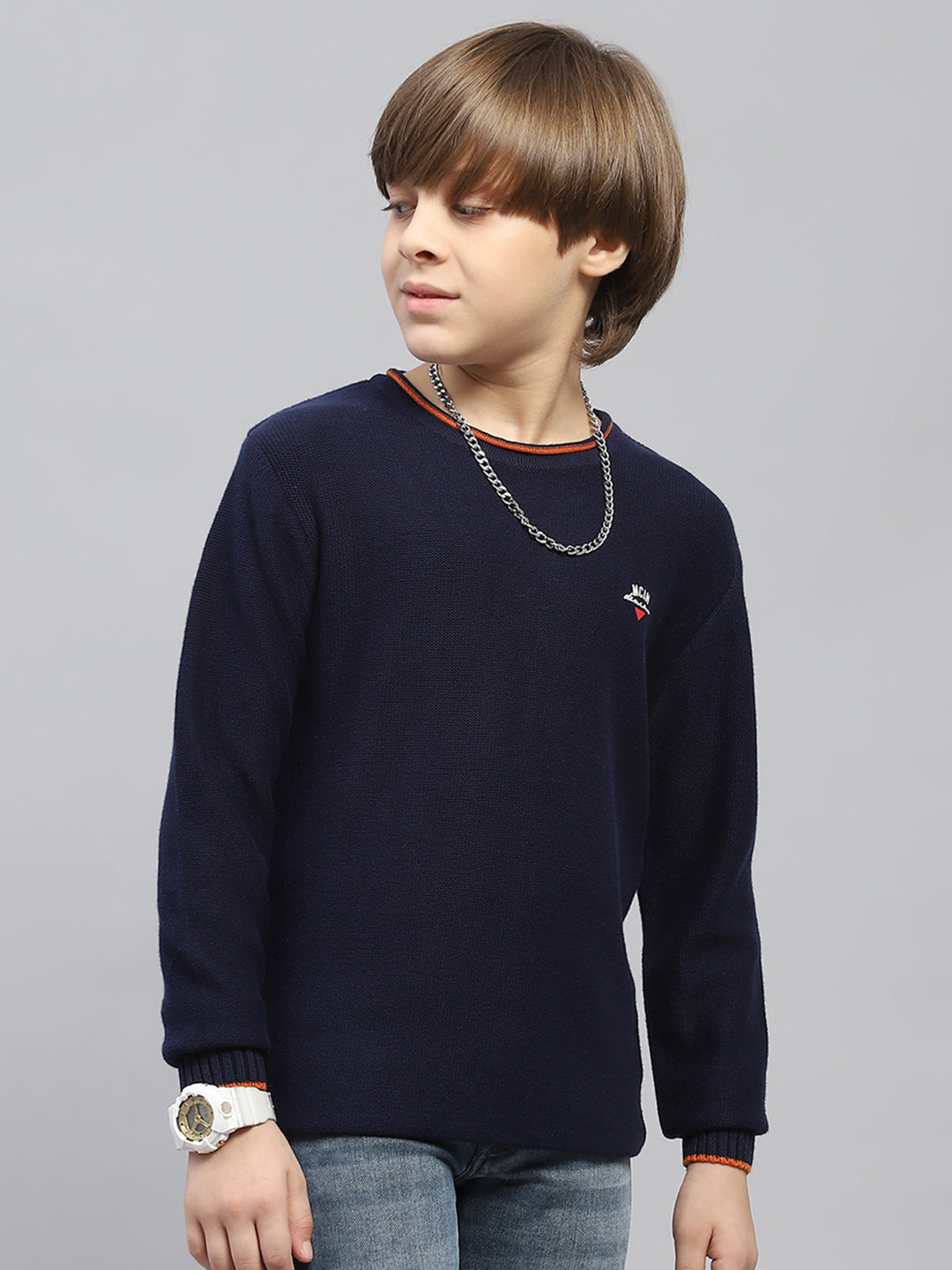 Boys Navy Blue Solid Round Neck Full Sleeve Pullover