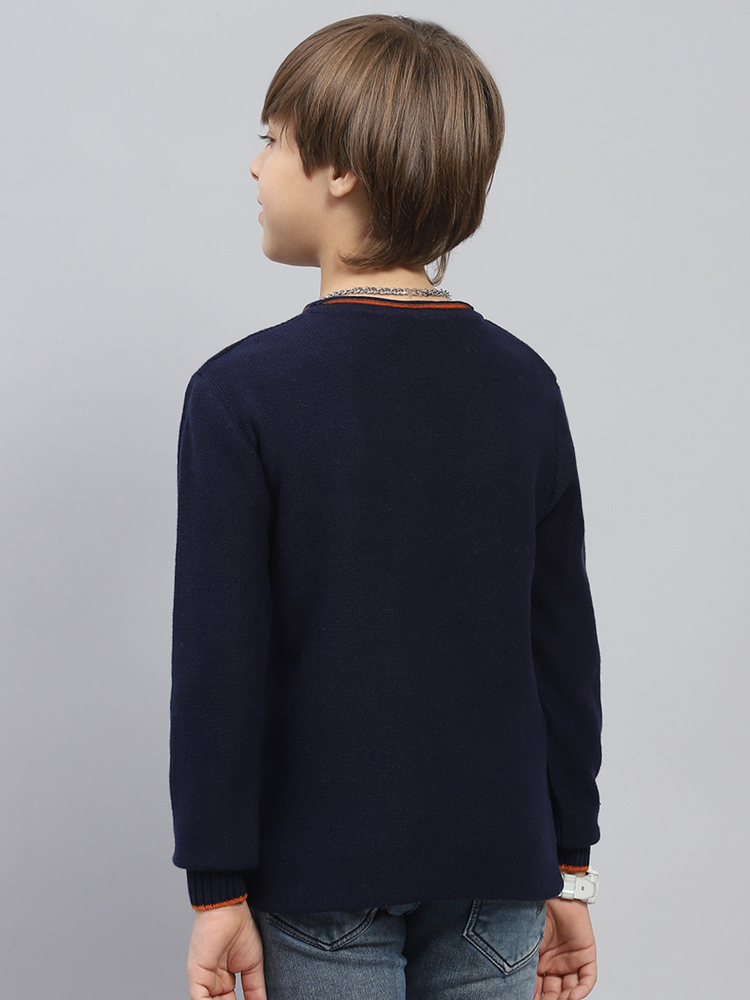 Boys Navy Blue Solid Round Neck Full Sleeve Pullover