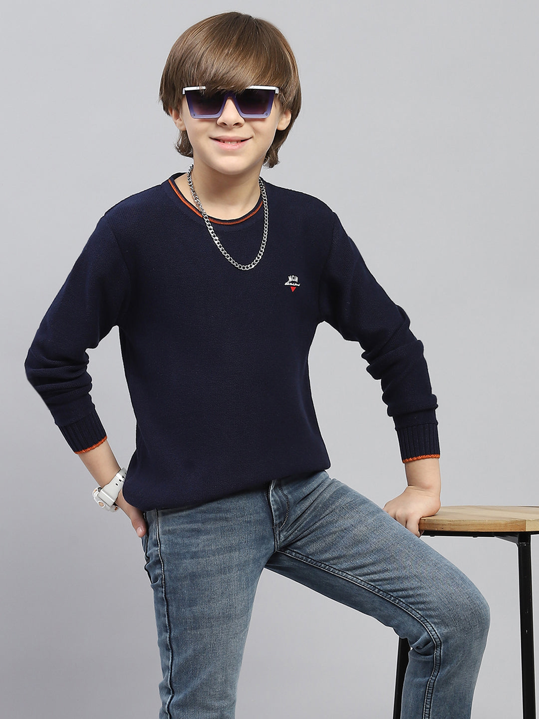 Boys Navy Blue Solid Round Neck Full Sleeve Pullover