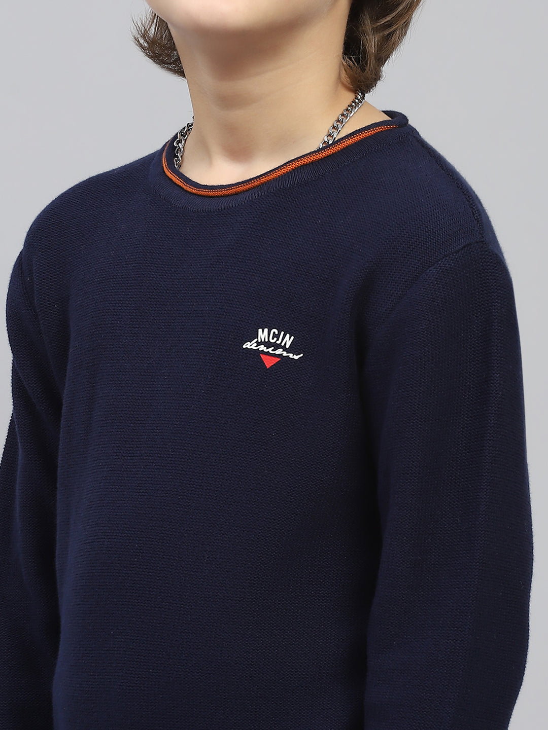 Boys Navy Blue Solid Round Neck Full Sleeve Pullover