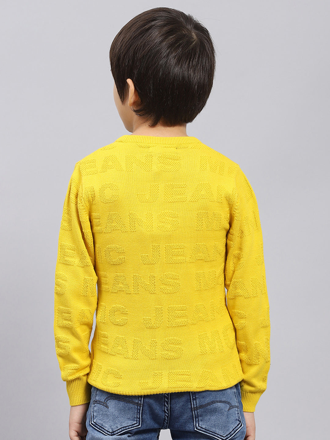 Boys Mustard Self Design Round Neck Full Sleeve Pullover