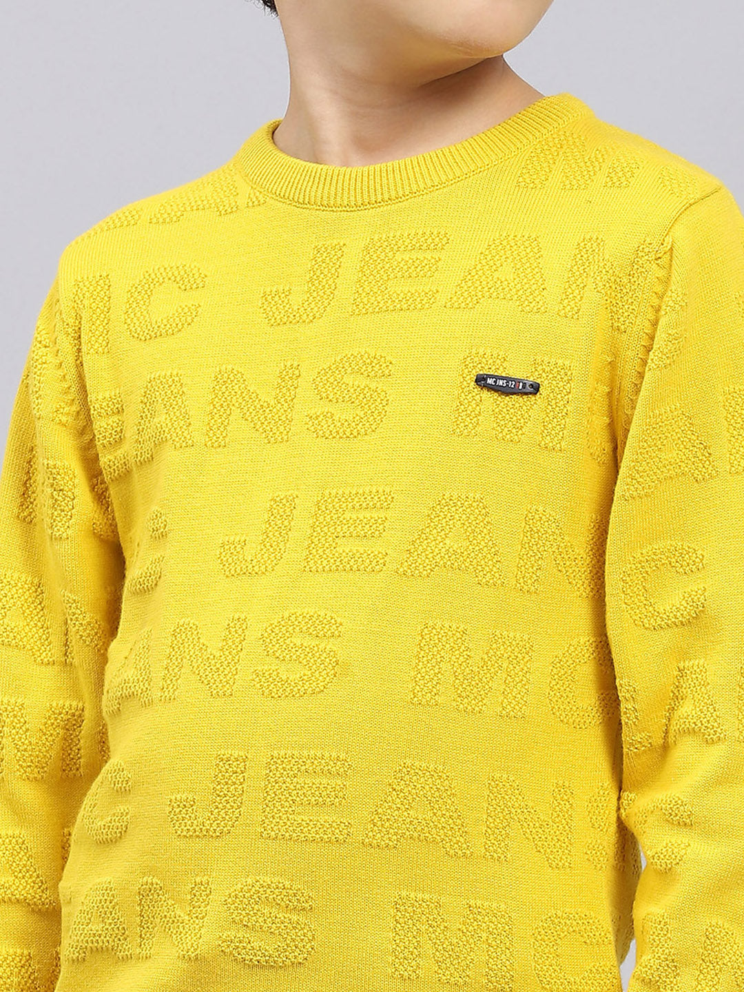 Boys Mustard Self Design Round Neck Full Sleeve Pullover