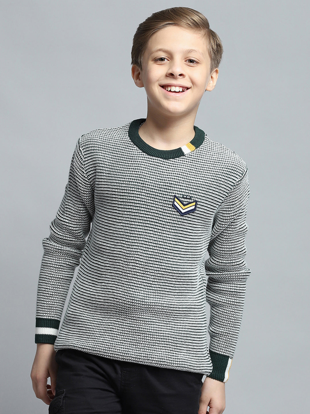 Boys Green Stripe Round Neck Full Sleeve Pullover