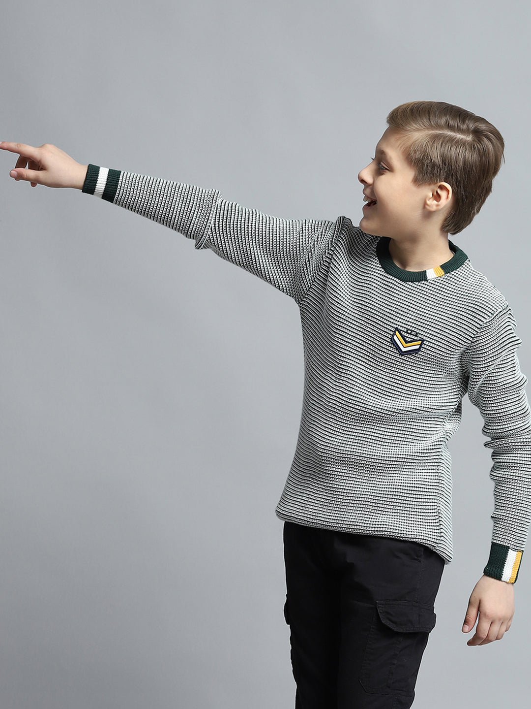 Boys Green Stripe Round Neck Full Sleeve Pullover