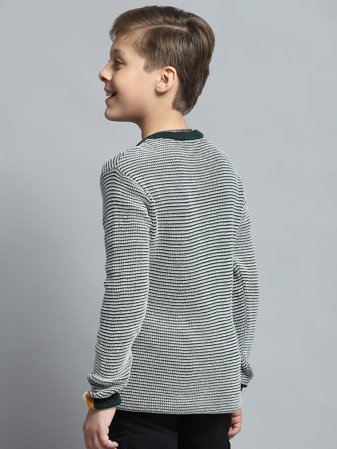 Boys Green Stripe Round Neck Full Sleeve Pullover