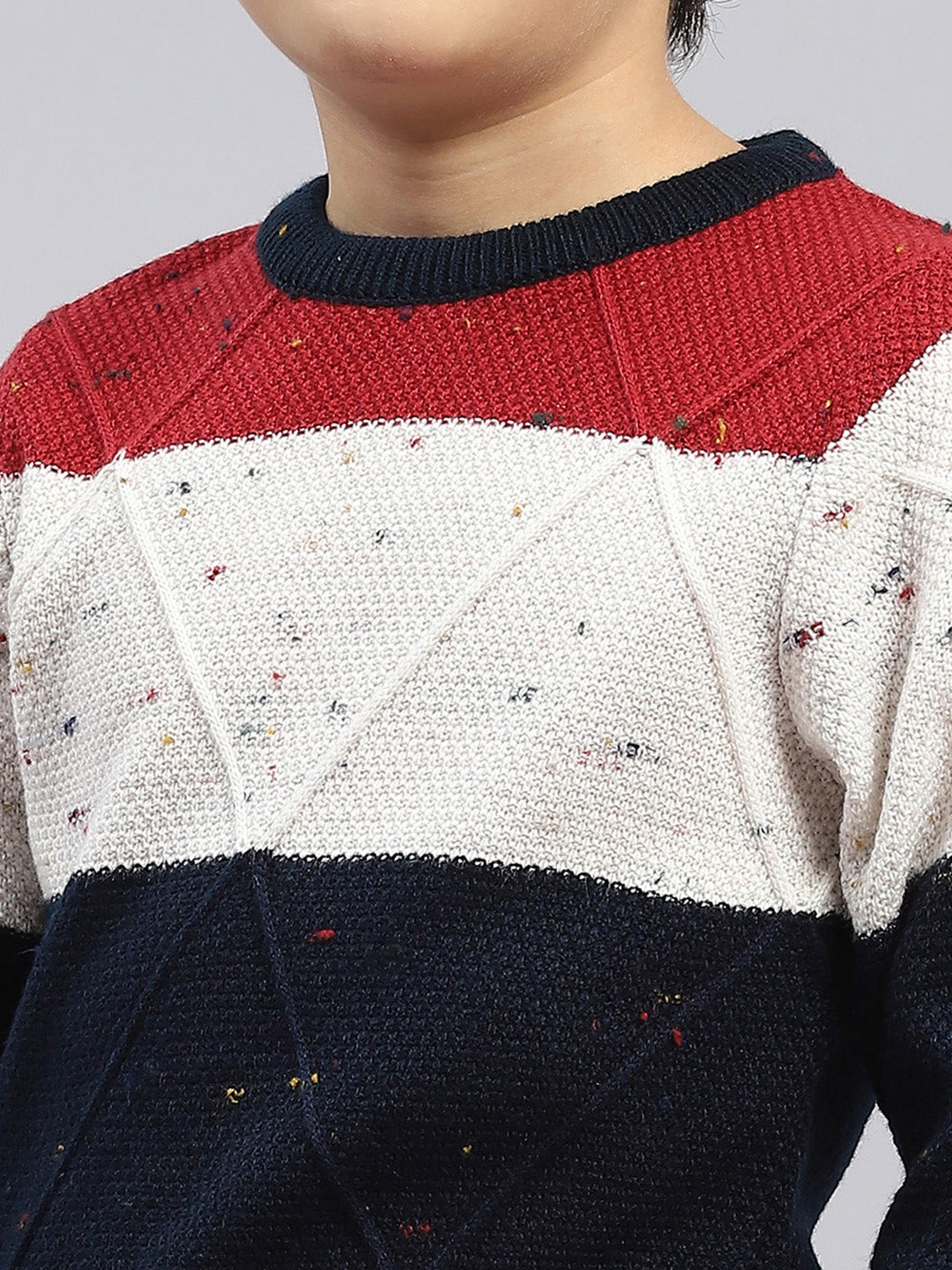 Boys Navy Blue & Maroon Self Design Round Neck Full Sleeve Pullover