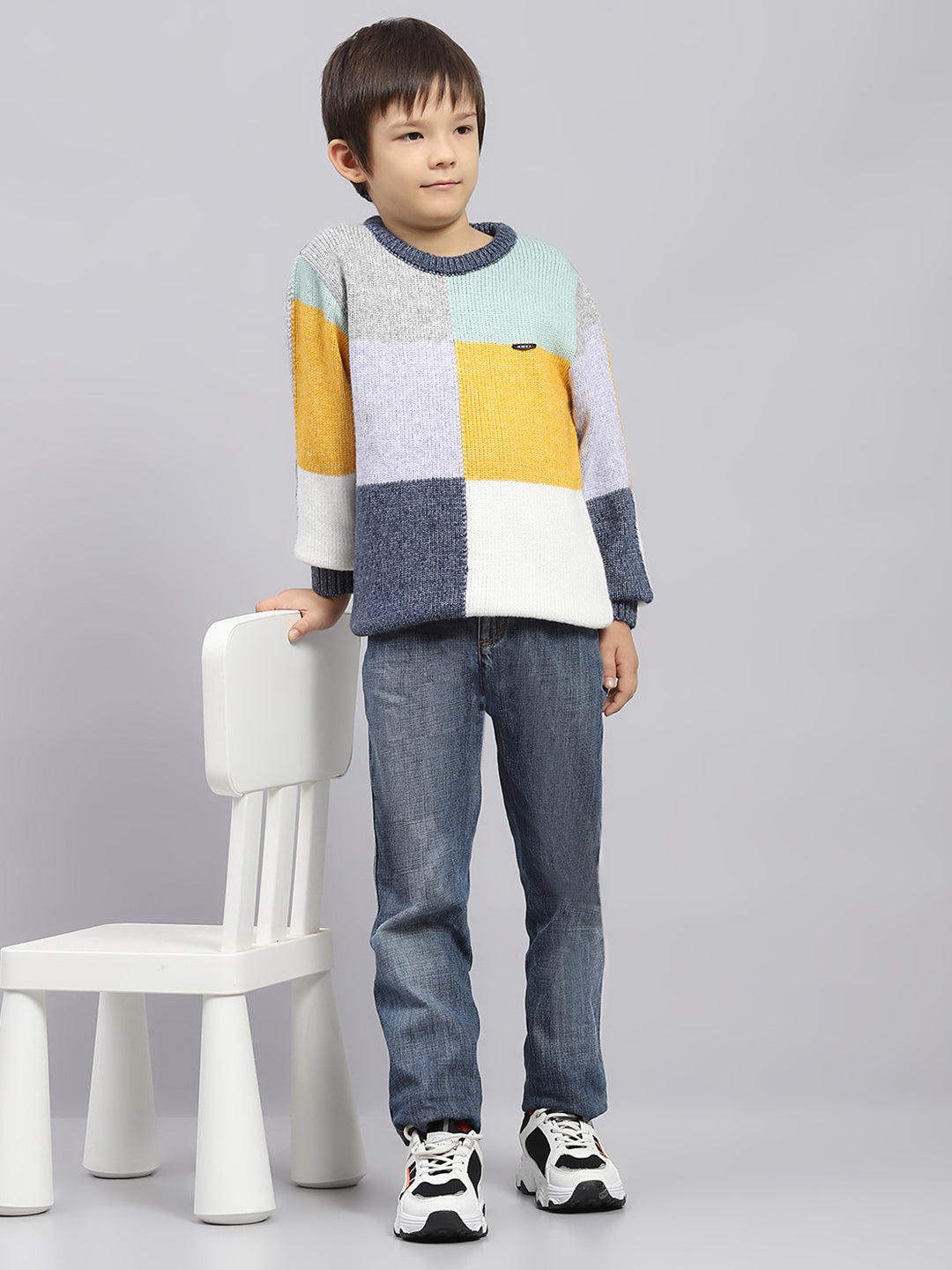 Boys Multicolor Self Design Round Neck Full Sleeve Pullover