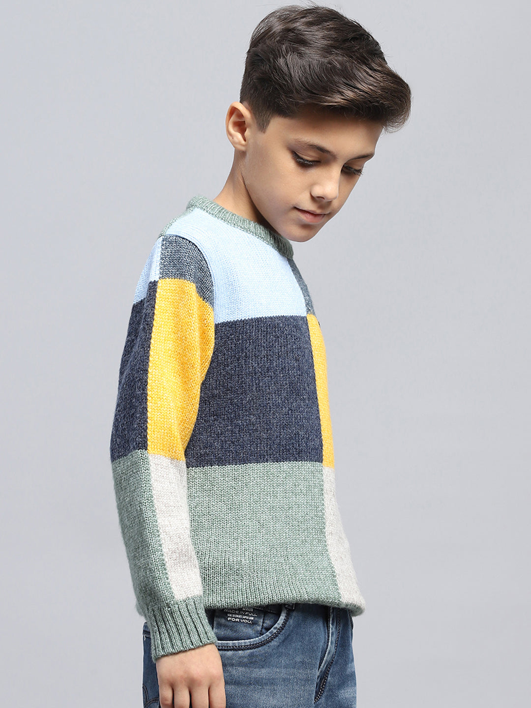 Boys Multicolor Self Design Round Neck Full Sleeve Pullover